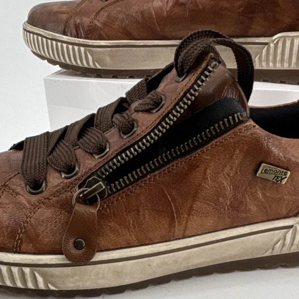 Remonte Brown Leather Lace-Up Sneakers Zipper Logo Women‎ US 9.5 EU 41 Comfort